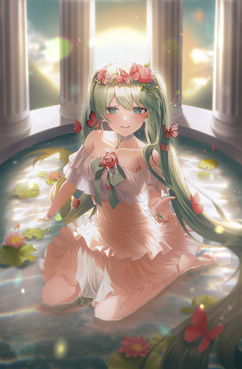 1girl absurdres bangs barefoot bug butterfly dress flower hair_ornament hatsune_miku highres long_hair looking_at_viewer meraring outstretched_arm pond sitting very_long_hair vocaloid