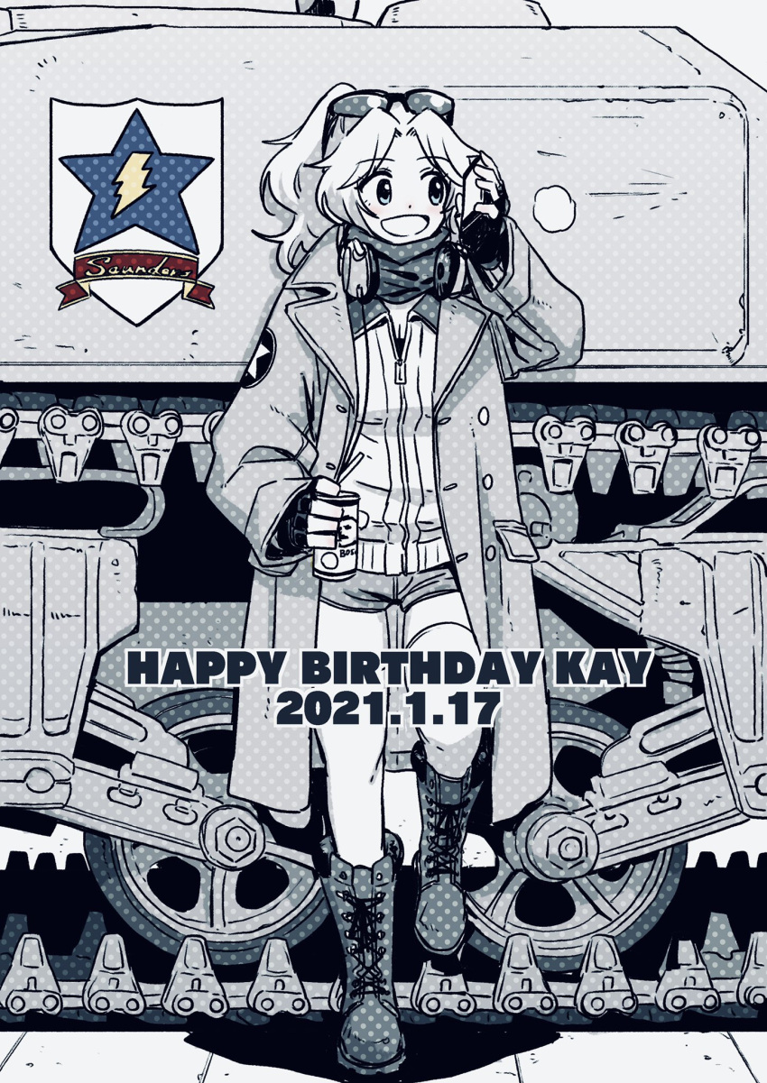 1girl :d alternate_hairstyle boots can cellphone character_name coat combat_boots commentary cross-laced_footwear cutoffs dated denim denim_shorts emblem english_text eyewear_on_head fingerless_gloves girls_und_panzer gloves greyscale ground_vehicle hair_intakes hair_up happy_birthday headphones headphones_around_neck highres holding holding_can holding_phone hone_(honehone083) jacket kay_(girls_und_panzer) lace-up_boots long_hair long_sleeves looking_to_the_side m4_sherman military military_uniform military_vehicle monochrome motor_vehicle open_clothes open_coat open_mouth phone ponytail saunders_(emblem) saunders_military_uniform scarf shirt short_shorts shorts smile soda_can solo spot_color standing standing_on_one_leg star_(symbol) sunglasses tank thigh-highs trench_coat uniform
