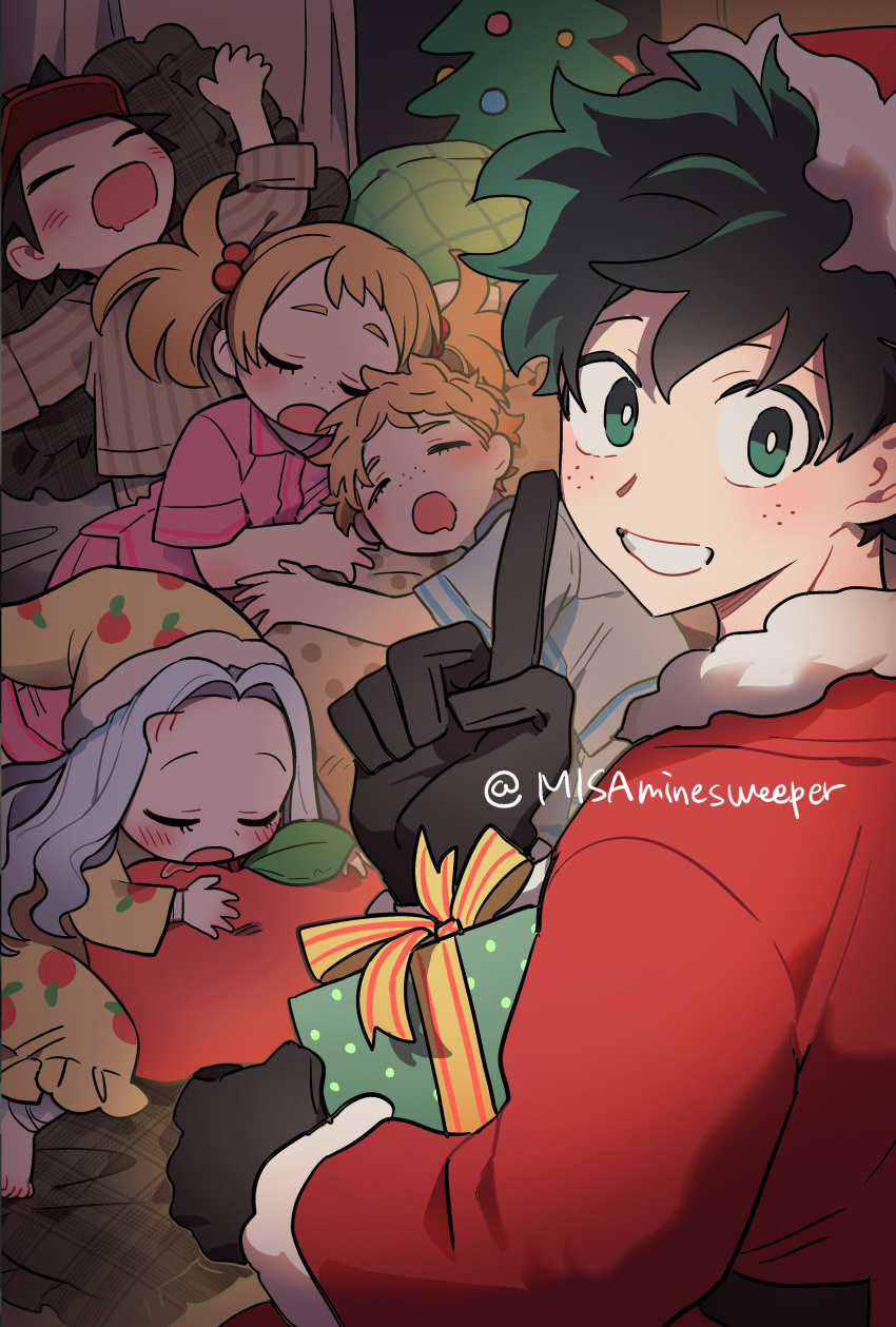 1boy 2girls 3boys absurdres black_gloves blonde_hair boku_no_hero_academia christmas christmas_ornaments christmas_tree eri_(boku_no_hero_academia) female_child freckles gift gloves green_eyes green_hair hat highres holding holding_gift horns izumi_kouta long_hair looking_at_viewer male_child male_focus midoriya_izuku misa_(jjin_miryeon) multiple_boys multiple_girls open_mouth pajamas red_headwear ribbon santa_costume santa_hat shimano_katsuma shimano_mahoro single_horn sleeping smile twitter_username white_hair yellow_ribbon