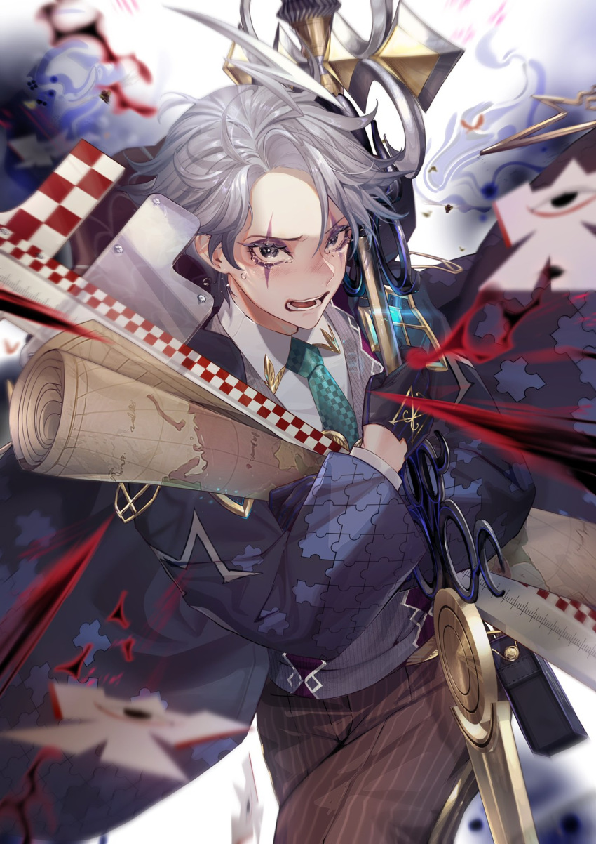1boy ahoge argyle argyle_sweater_vest armor black_eyes blush brown_pants chalk collared_shirt commentary_request crying crying_with_eyes_open cuso4_suiwabutu facial_mark fate/grand_order fate_(series) feet_out_of_frame green_necktie grey_hair highres holding holding_weapon houndstooth james_moriarty_(fate) james_moriarty_(ruler)_(fate) long_sleeves looking_at_viewer male_focus map necktie open_mouth pants scissors shirt short_hair shoulder_armor shoulder_grab shoulder_spikes solo spikes striped striped_pants sweater_vest tears vertical-striped_pants vertical_stripes weapon white_hair white_shirt