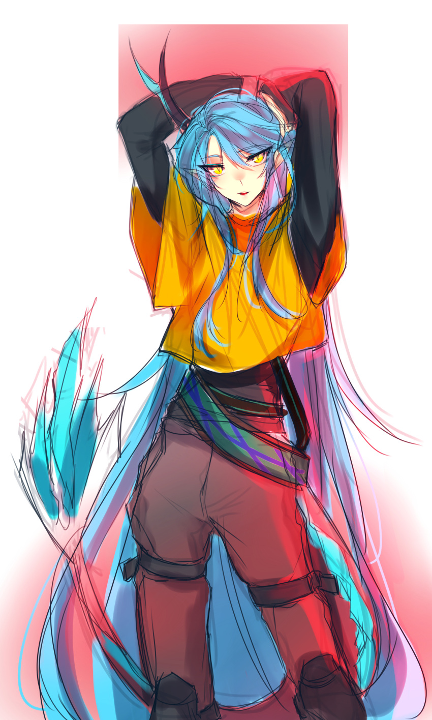 1boy absurdres belt blue_hair denif_(elsword) dragon_boy dragon_horns dragon_tail elsword highres horns kazaashamiko long_hair long_sleeves looking_at_viewer male_focus open_mouth pants parted_lips pointy_ears ponytail sketch solo tail white_background yellow_eyes