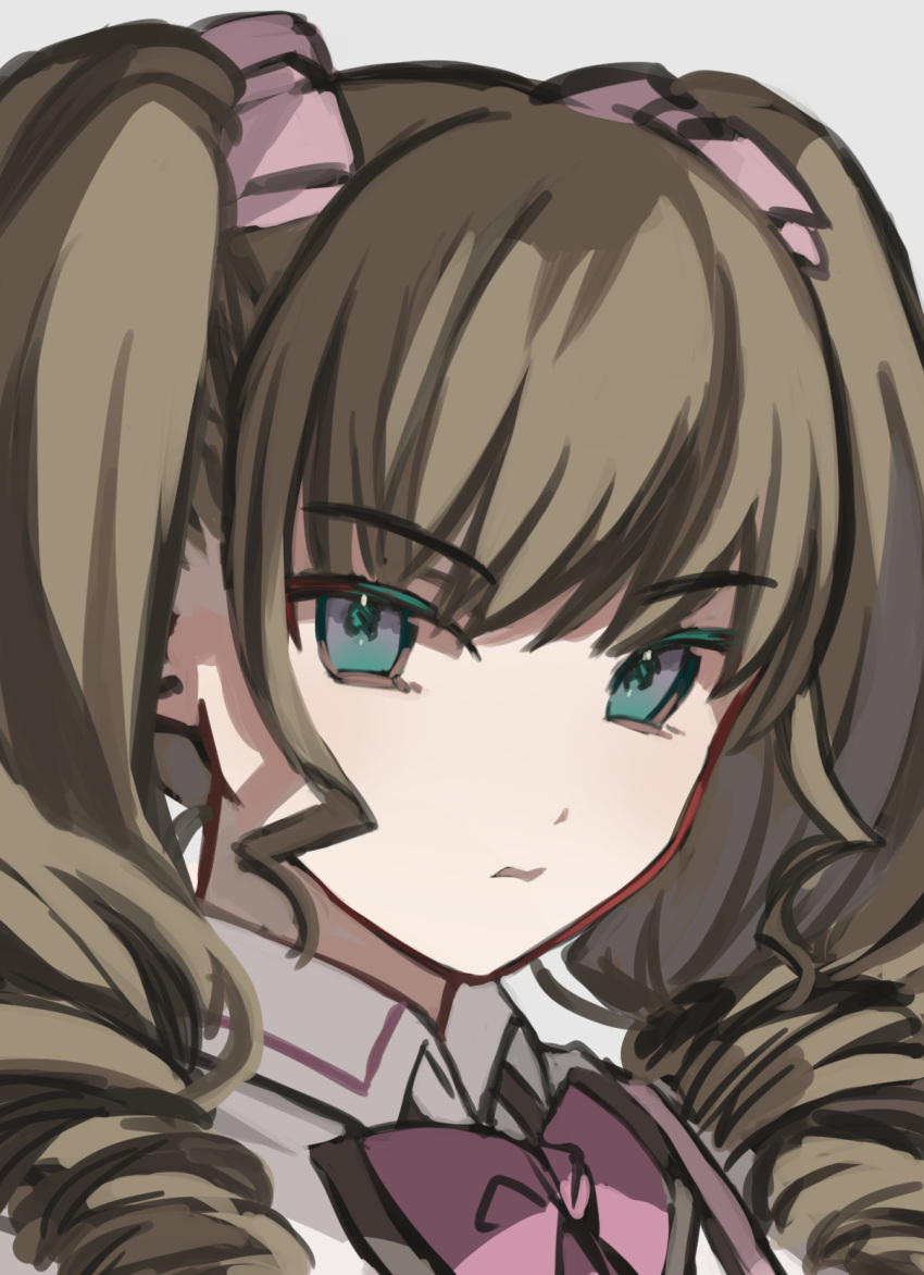 1girl assault_lily bangs bow bowtie brown_hair closed_mouth collared_shirt commentary drill_hair frown green_eyes grey_background hair_bow highres long_hair looking_at_viewer ludvico_private_girls'_academy_school_uniform narumi_clara_yuuko pink_bow pink_bowtie portrait school_uniform shirt simple_background sketch solo tareko twin_drills twintails v-shaped_eyebrows white_shirt