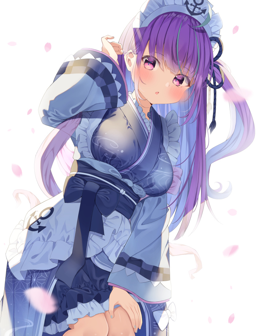 1girl absurdres bangs blue_hair blue_nails breasts hand_on_own_knee hand_up highres hololive japanese_clothes kimono long_hair long_sleeves looking_at_viewer medium_breasts minato_aqua multicolored_hair open_mouth petals pink_eyes purple_hair shokorate side_ponytail solo standing streaked_hair virtual_youtuber white_background