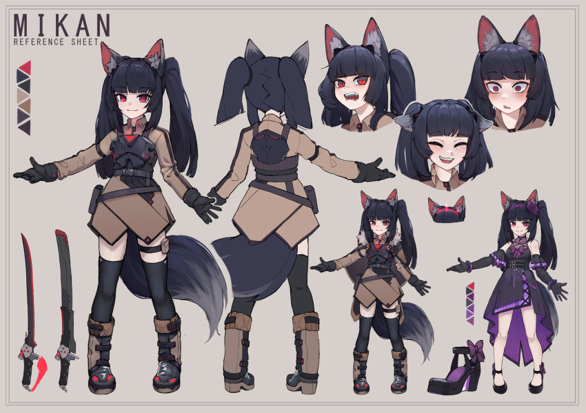 animal_ear_fluff animal_ears arm_strap armor belt black_hair boots bracelet cape collared_shirt commentary commission dress earphones english_commentary expressions flower fox_ears fox_girl fox_tail fur_cape gloves headband highres hologram holster jewelry k-rha's knees legs mikan_(rayer) original panties panty_peek pouch princess red_eyes reference_sheet ribbon rose royal science_fiction see-through sheath shirt skirt slit_pupils sweatdrop sword tail thigh-highs thigh_strap tiara toe_cleavage transparent_footwear twintails underwear weapon