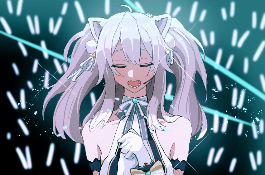 1girl ahoge animal_ears audience bare_shoulders bow breasts close-up closed_eyes commentary commentary_request earrings gloves glowstick grey_hair highres hololive idol jewelry large_breasts lion_ears lion_girl long_hair microphone music open_mouth shishiro_botan singing solo tomj twintails virtual_youtuber white_bow white_gloves