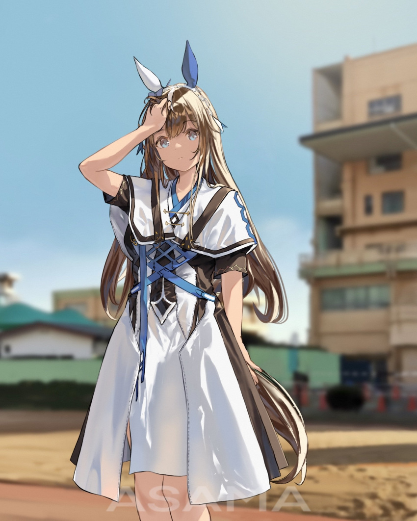 1girl absurdres animal_ears arm_at_side arm_up artist_name asama_(drift_in) bangs big_gossip_(racehorse) blue_eyes blurry blurry_background breasts brown_hair capelet closed_mouth dress hand_in_own_hair highres horse_ears horse_girl horse_tail long_hair medium_breasts original outdoors personification photo_background short_sleeves solo standing tail umamusume watermark white_dress