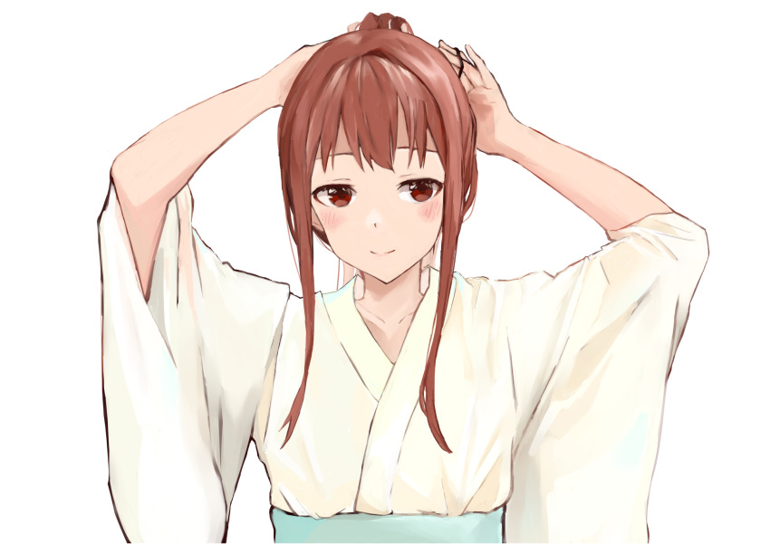 1girl arms_up blush brown_hair collarbone highres hitori_m idolmaster idolmaster_million_live! japanese_clothes kimono looking_at_viewer obi red_eyes rubber_band sash simple_background smile solo tanaka_kotoha white_background white_kimono wide_sleeves