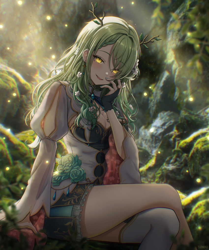 1girl absurdres bangs blush braid branch breasts ceres_fauna flower forest frills green_hair hair_flower hair_ornament highres hololive hololive_english horns leaf looking_at_viewer medium_breasts moss nature plant rock skirt smile solo sunlight suoniko virtual_youtuber wavy_hair yandere yellow_eyes