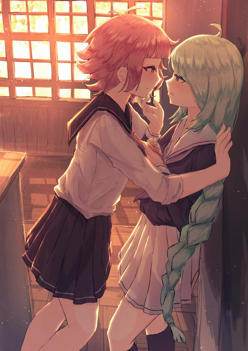 2girls absurdres against_wall bangs benevole black_sailor_collar black_skirt blunt_bangs brown_eyes classroom commission eye_contact from_side green_hair hand_on_another's_chin hand_on_wall highres imminent_kiss indoors kabedon long_braid long_hair looking_at_another multiple_girls neckerchief neckwear_grab open_mouth original purple_neckerchief red_neckerchief redhead sailor_collar school_uniform serafuku short_hair skeb_commission skirt uniform very_long_hair violet_eyes white_sailor_collar white_skirt yuri