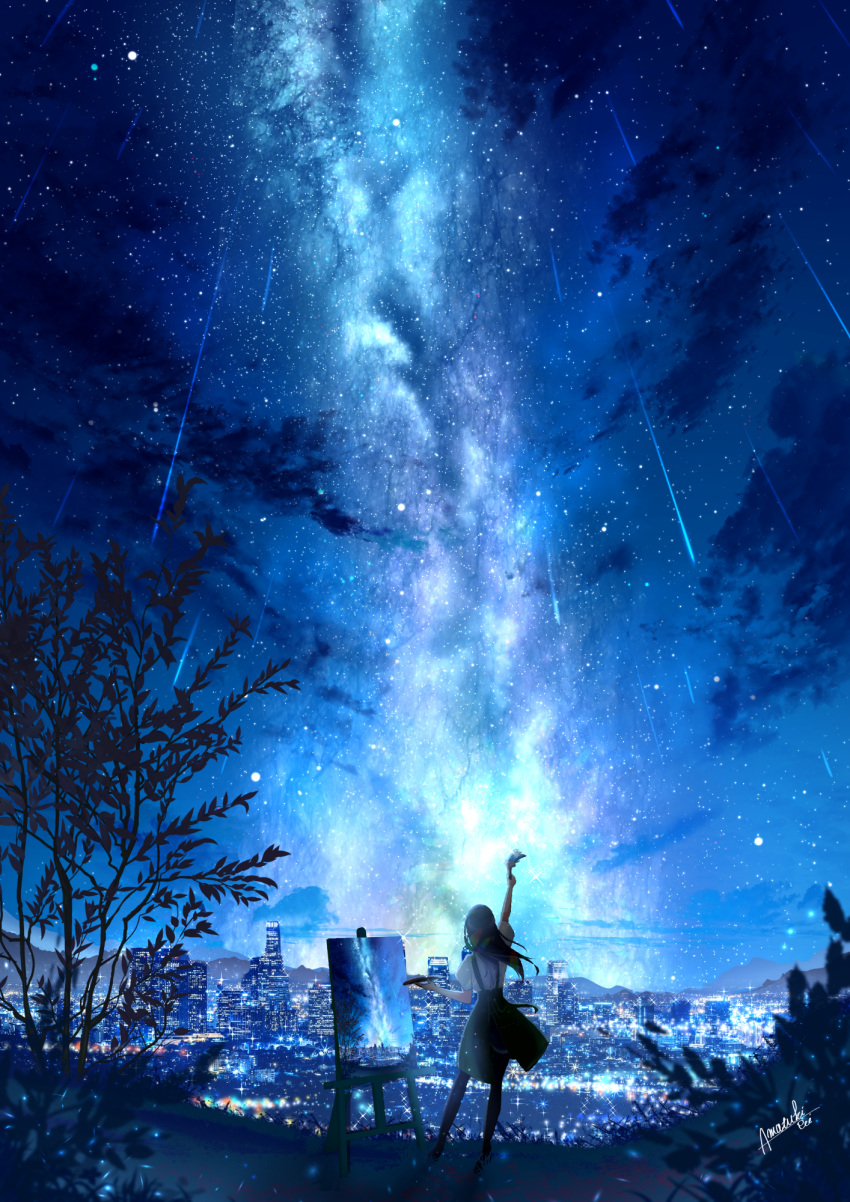 1girl amatsuki_rei blue_sky blue_theme city city_lights clouds commentary_request highres long_hair milky_way mountainous_horizon night original painting_(action) painting_(object) plant scenery shooting_star short_sleeves sky solo space star_(sky) star_(symbol) starry_sky
