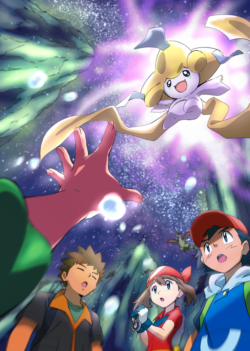 1girl 3boys :o absurdres ash_ketchum bandana bangs black_hair brock_(pokemon) brown_hair closed_eyes commentary_request gloves green_shirt hat highres jacket jirachi max_(pokemon) may_(pokemon) multiple_boys night open_mouth outdoors outstretched_arm pokemon pokemon:_jirachi:_wish_maker pokemon_(anime) pokemon_(creature) pokemon_rse_(anime) red_bandana red_headwear red_shirt shirt short_hair sky spiky_hair star_(sky) strap teeth tongue upper_teeth yusuke_oshida