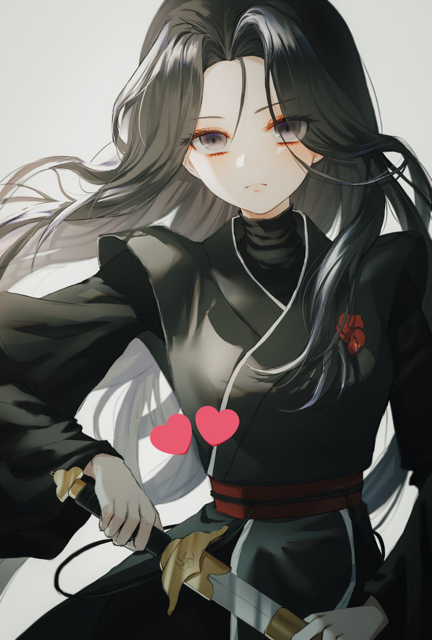 1girl absurdres black_hair closed_mouth commission expressionless grey_background highres long_hair long_sleeves return_of_the_mount_hua_sect sheath sword ttt_cm turtleneck undershirt uniform unsheathing upper_body watermark weapon yu_iseol_(return_of_the_mount_hua_sect)