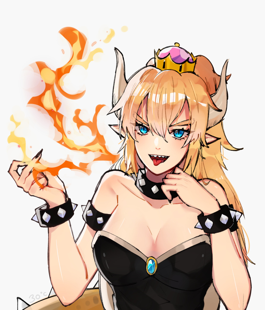 1girl 3o_c bad_id bad_pixiv_id bangs blonde_hair blush bowsette breasts eyebrows_behind_hair fire hair_between_eyes highres horns long_hair looking_at_viewer off_shoulder open_mouth pointy_ears smile solo super_mario_bros. tongue tongue_out upper_body