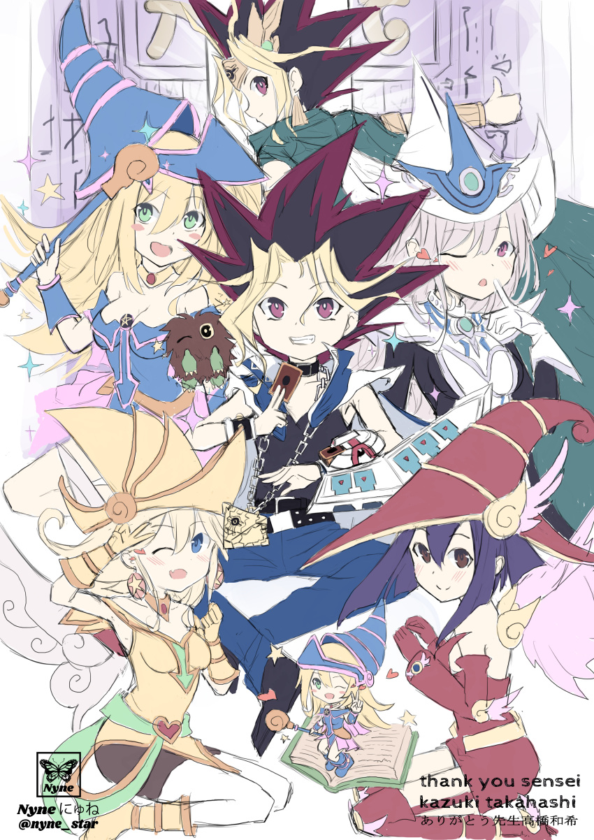 absurdres atem blue_eyes card card_game dark_magician_girl group_picture highres kazuki_takahashi konami long_hair looking_at_viewer multiple_girls nyne_star open_mouth pink_eyes simple_background smile violet_eyes yu-gi-oh! yu-gi-oh!_duel_monsters yu-gi-oh!_master_duel