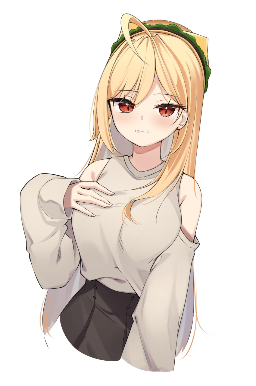 1girl absurdres ahoge bare_shoulders black_skirt blonde_hair clothing_cutout cropped_torso grey_shirt grin hamburger_hat hand_on_own_chest hand_up hat highres jingburger long_hair long_sleeves looking_at_viewer red_eyes shirt shoulder_cutout simple_background skirt smile solo virtual_youtuber waktaverse white_background ziro_(zirorong)