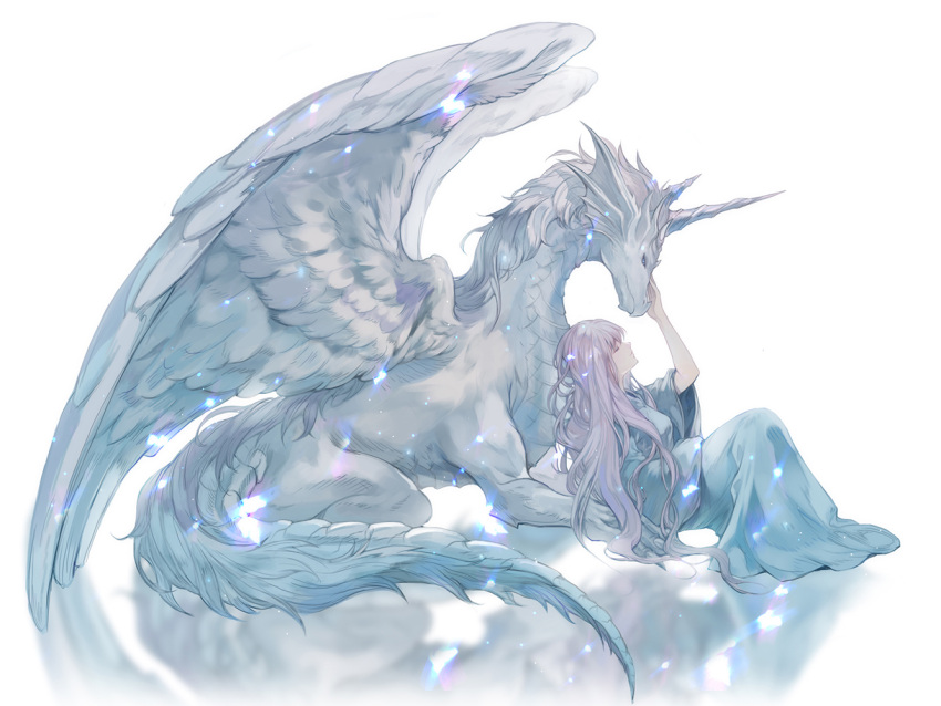 1girl closed_mouth dragon fantasy feathered_wings hand_on_another's_head horns long_hair original petting purple_hair reflection saeldam sitting solo western_dragon white_background wings