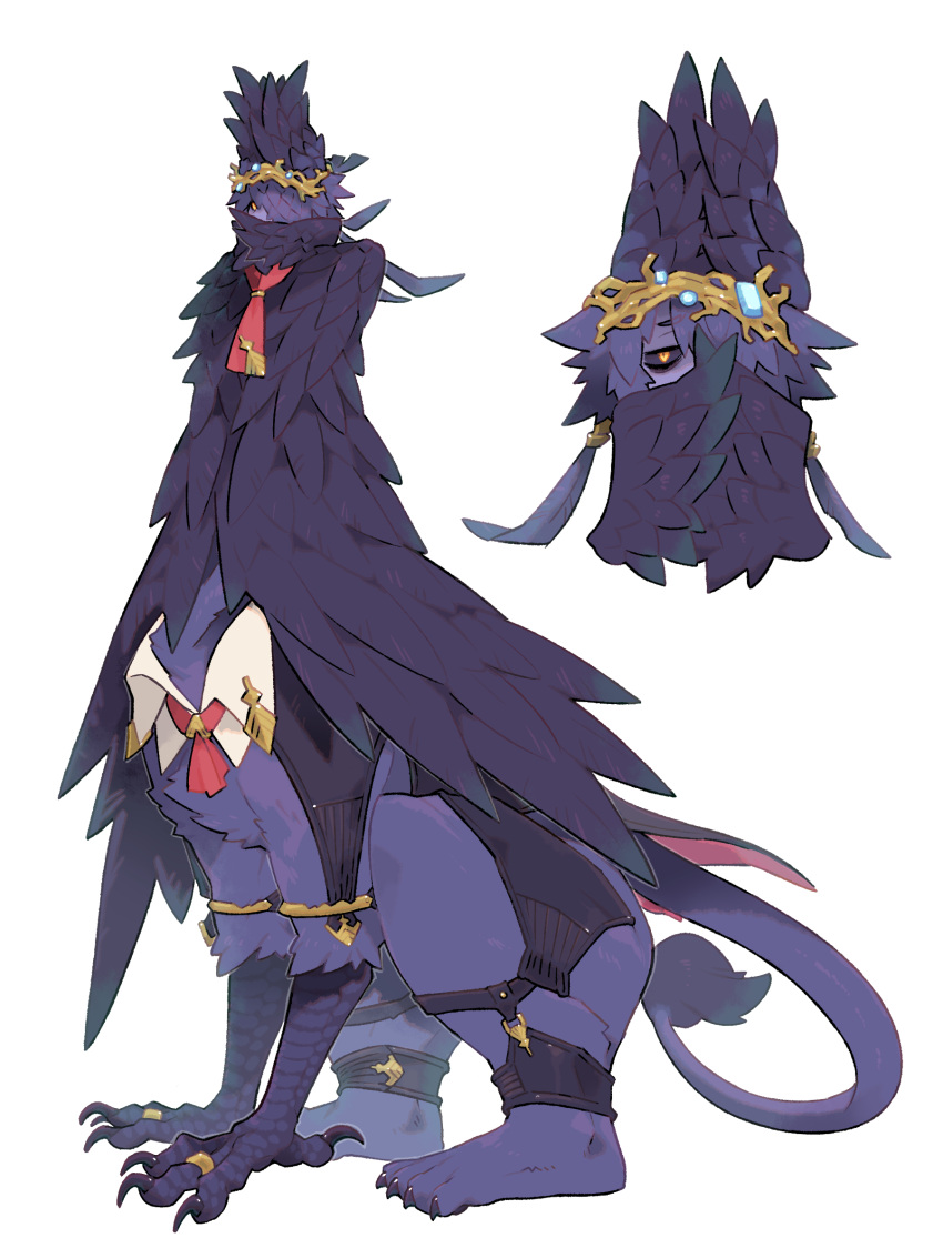 1boy absurdres black_hair black_sclera black_wings claws colored_sclera covered_mouth detached_collar feather_hair full_body griffin hair_over_one_eye head_wings highres inu_fuji jewelry lion_tail looking_at_viewer male_focus monster_boy multiple_views original ring short_hair sitting slit_pupils tail talons taur white_background wings yellow_eyes