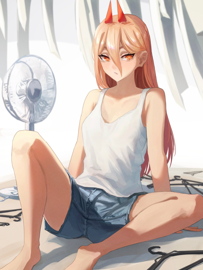 1girl ao_desu2222 bare_arms bare_legs barefoot blonde_hair chainsaw_man closed_mouth collarbone flat_chest grey_shorts hair_between_eyes highres horns leaning_back long_hair looking_at_viewer power_(chainsaw_man) shiny shiny_hair short_shorts shorts sitting sleeveless solo straight_hair tank_top very_long_hair white_tank_top