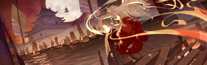 2girls architecture baggy_pants battle boat bow casting_spell castle chinese_commentary commentary_request damaged dress east_asian_architecture fire fleet from_behind fujiwara_no_mokou full_moon hair_bow highres houraisan_kaguya huge_moon long_hair luckyia moon multiple_girls night no_shirt ocean pants pyrokinesis red_bow red_dress red_pants sailboat sarashi ship solo_focus straight_hair touhou two-tone_bow very_long_hair watercraft white_bow white_hair wide_shot