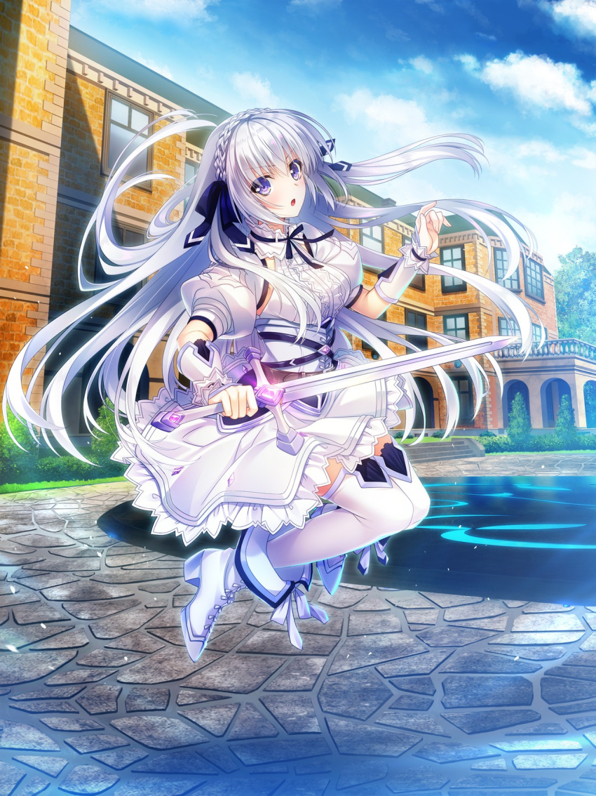 1girl bangs black_ribbon blue_ribbon blue_sky boots braid clouds crown_braid day detached_collar dress_shirt floating_hair full_body game_cg hair_between_eyes hair_ribbon highres holding holding_sword holding_weapon jumping long_hair looking_at_viewer miniskirt neck_ribbon open_mouth outdoors ribbon senkou_no_clarias shelly_linestad shirt skirt sky solo suzuhira_hiro sword thigh-highs very_long_hair violet_eyes weapon white_footwear white_hair white_legwear white_shirt white_skirt