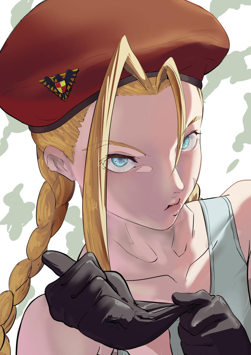 1girl absurdres bare_shoulders beret black_gloves blonde_hair blue_eyes braid cammy_white closed_mouth collarbone eyes_visible_through_hair glove_pull gloves hat highres light_blue_eyes long_hair looking_at_viewer pink_lips red_headwear solo street_fighter twintails upper_body urewe_fubu