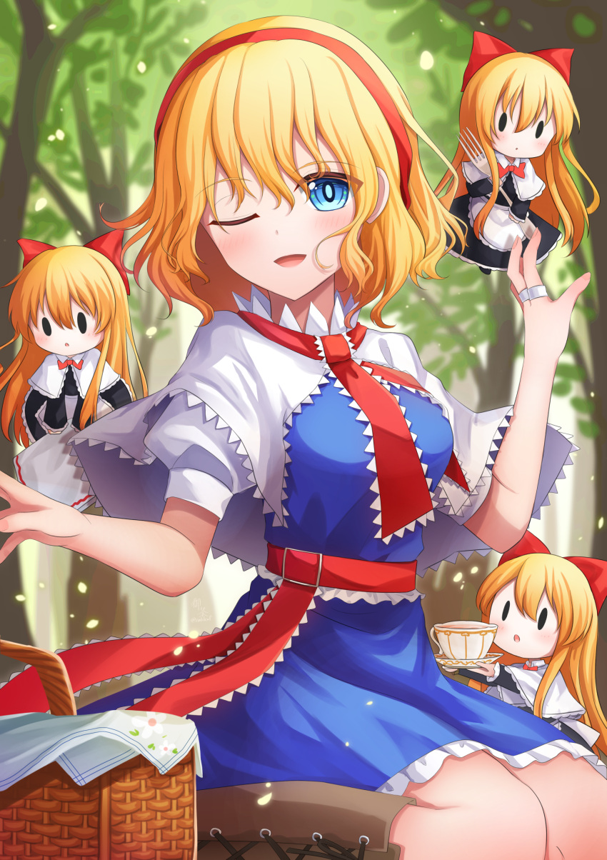 1girl alice_margatroid basket black_dress blonde_hair blue_eyes blush boots brown_footwear capelet cross-laced_footwear dress hair_between_eyes hairband highres knee_boots lace-up_boots lolita_hairband one_eye_closed open_mouth red_hairband shanghai_doll short_hair smile solo touhou white_capelet yu_cha