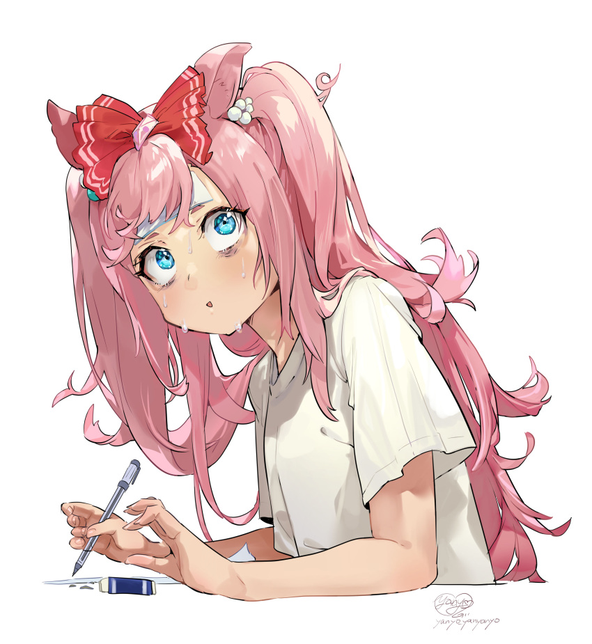 1girl absurdres agnes_digital_(umamusume) animal_ears artist_logo artist_name bags_under_eyes bandaid bandaid_on_face bangs blue_eyes bow cropped_torso eraser hair_bow highres holding holding_pencil horse_ears long_hair looking_at_viewer mechanical_pencil messy_hair open_mouth pencil pink_hair shirt short_sleeves simple_background solo sweat sweating_profusely t-shirt textless_version trembling two_side_up umamusume upper_body white_background white_shirt yanyo_(ogino_atsuki)