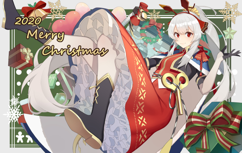 1girl 2020 absurdres animal_ears arknights bangs bell blush box christmas dated dress elbow_gloves fireplace floating full_body fur_trim garland_(decoration) gift gift_box gloves hair_ornament highres long_hair merry_christmas ponytail qianshibu red_eyes ribbon smile snowflakes solo tail very_long_hair weedy_(arknights) weedy_(candy_cape)_(arknights) white_hair