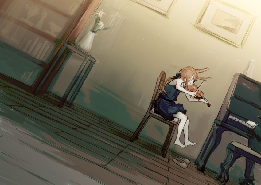 1girl 1other amiya_(arknights) animal_ears arknights black_bow black_dress bow bow_(music) brown_hair chair curtch dress dutch_angle flower grey_footwear hair_bow highres holding holding_instrument indoors instrument music out_of_frame piano piano_bench playing_instrument ponytail rabbit_ears rabbit_girl sitting sleeveless sleeveless_dress slippers slippers_removed solo_focus vase violin white_flower younger