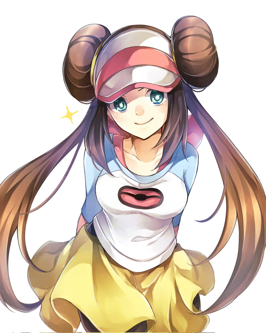 1girl black_pantyhose blush bow breasts brown_hair closed_mouth collarbone commentary double_bun duplicate green_eyes hair_bun highres legwear_under_shorts long_hair looking_at_viewer pantyhose pink_bow pixel-perfect_duplicate pokemon pokemon_(game) pokemon_bw2 raglan_sleeves rosa_(pokemon) shorts smile solo sparkle twintails visor_cap white_background yellow_shorts yomogi_(black-elf)