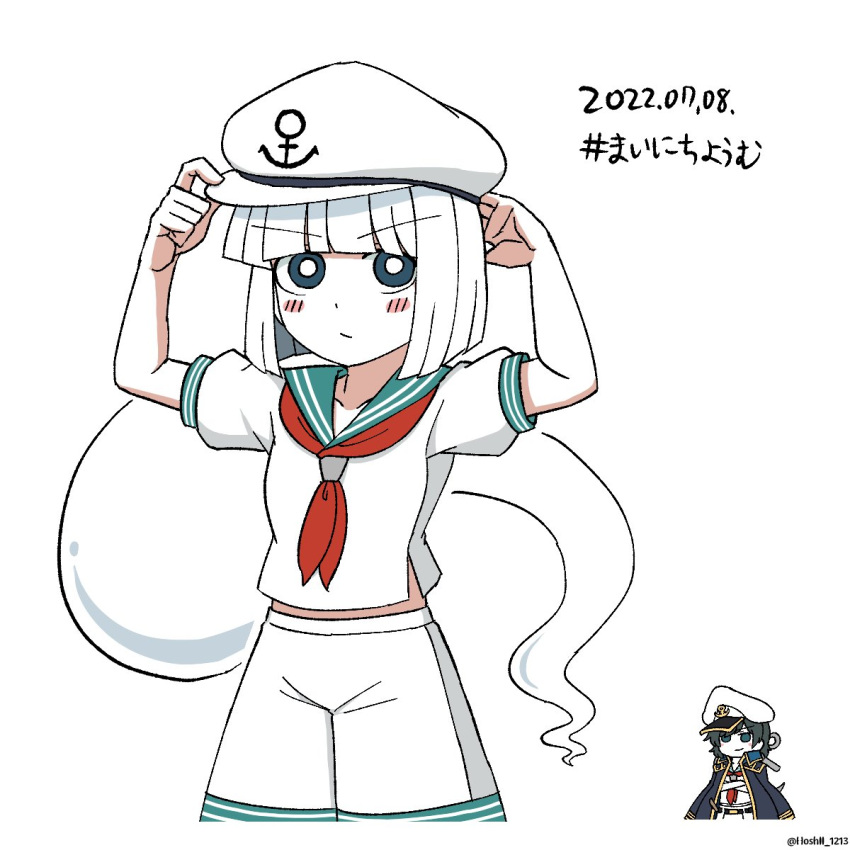 2girls anchor anchor_symbol bangs black_coat black_hair blunt_bangs closed_mouth coat cosplay crossed_arms dated ghost green_eyes green_sailor_collar hands_on_headwear hat highres hoshii_1213 konpaku_youmu konpaku_youmu_(ghost) multiple_girls murasa_minamitsu murasa_minamitsu_(cosplay) neckerchief red_neckerchief sailor sailor_collar sailor_hat sailor_shirt shirt short_sleeves shorts simple_background smile standing touhou touhou_gouyoku_ibun twitter_username white_background white_hair white_headwear white_shirt white_shorts