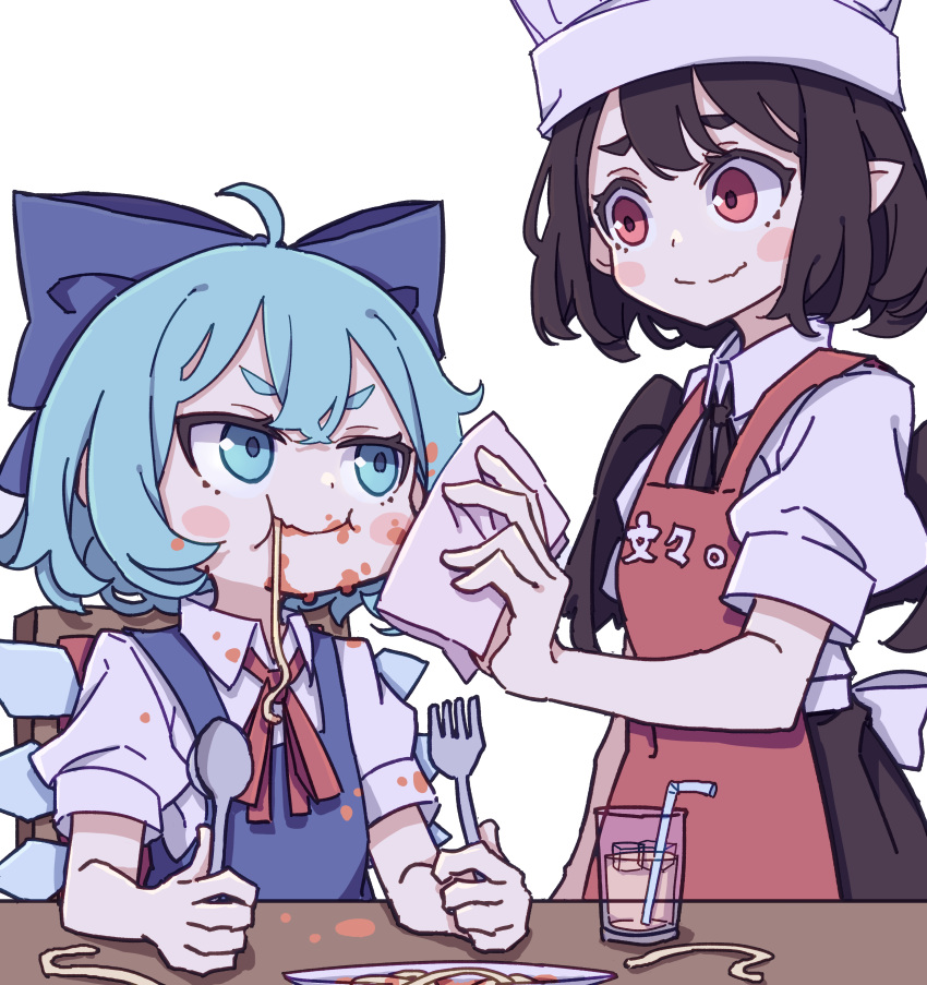 2girls absurdres apron black_hair blue_bow blue_dress blue_eyes blue_hair blush_stickers bow cirno closed_mouth clothes_writing collared_shirt cup dress drinking drinking_glass drinking_straw eating fairy food food_on_face fork hair_between_eyes hair_bow highres holding holding_fork ice ice_wings kame_(kamepan44231) multiple_girls pointy_ears puffy_short_sleeves puffy_sleeves red_apron red_eyes shameimaru_aya shirt short_hair short_sleeves simple_background sitting smile touhou white_background white_shirt wings