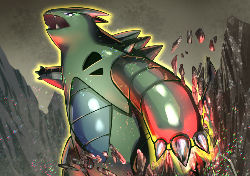 absurdres black_eyes bright_pupils claws commentary_request fangs from_below glowing highres looking_at_viewer looking_down open_mouth pokemon rock souramble tyranitar white_pupils