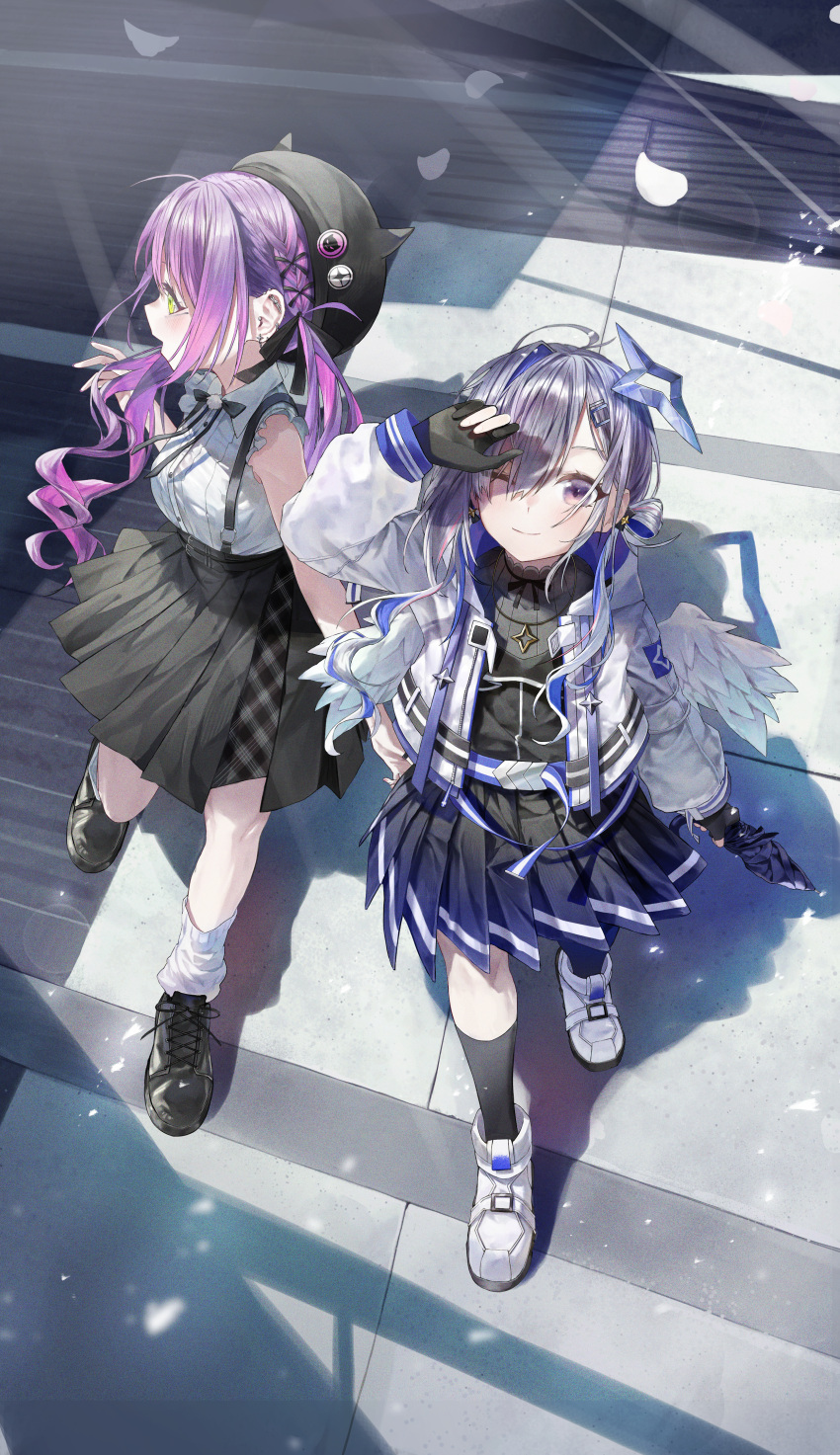 2girls ;) absurdres amane_kanata angel_wings black_footwear black_gloves black_headwear black_legwear black_ribbon black_shirt black_skirt blue_hair blue_skirt ear_piercing fake_horns from_above fudepenbrushpen full_body gloves gradient_skirt green_eyes grey_hair hair_ornament hair_ribbon hairclip halo hat highres hololive horned_headwear horns jacket long_sleeves looking_away looking_to_the_side looking_up multicolored_hair multiple_girls one_eye_closed open_clothes open_jacket partially_fingerless_gloves piercing pink_hair pleated_skirt purple_hair ribbon shirt skirt smile star_halo tokoyami_towa twintails two-tone_hair violet_eyes virtual_youtuber walking white_footwear white_jacket white_shirt white_socks wings