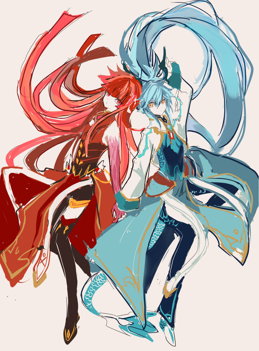 2boys absurdres androgynous blue_hair denif_(elsword) dragon_boy dragon_horns dragon_tail elf elsword full_body highres holding_hands horns kurayuki0404 long_hair long_sleeves looking_at_another multiple_boys pink_hair pointy_ears ponytail redhead rosso_(elsword) sketch tail very_long_hair white_background yellow_eyes