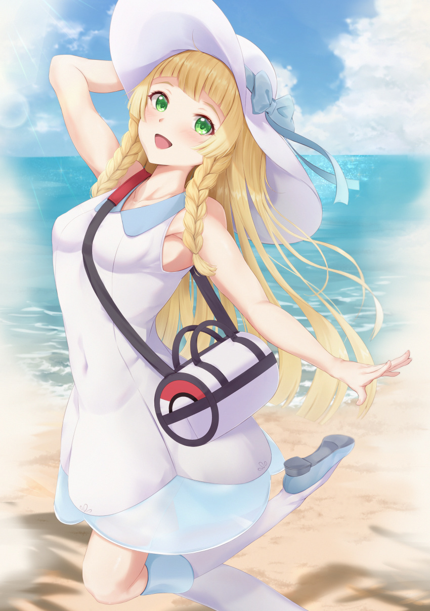 1girl :d absurdres bag bangs bare_arms bow braid breasts clouds commentary_request covered_navel day dress duffel_bag green_eyes hand_on_headwear hat hat_bow highres kcc_(tanimahimeyuri) kneehighs leg_up lillie_(pokemon) looking_at_viewer open_mouth outdoors pokemon pokemon_(game) pokemon_sm sand shoes shore sky sleeveless sleeveless_dress smile solo standing standing_on_one_leg twin_braids water white_bag white_dress white_headwear white_legwear