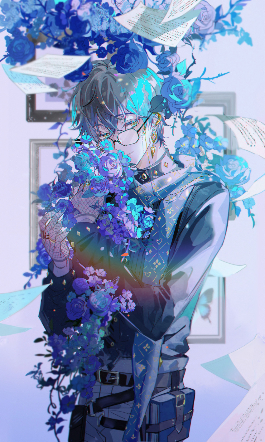 1boy absurdres bangs bishounen bug butterfly earrings flower formal framed glasses gloves grey_hair half-closed_eyes highres hug ike_eveland jacket jewelry kanose lace-trimmed_gloves lace_trim lens_flare long_sleeves luxiem male_focus multicolored_hair nijisanji paper ring rose shirt short_hair smile sparkle suit virtual_youtuber