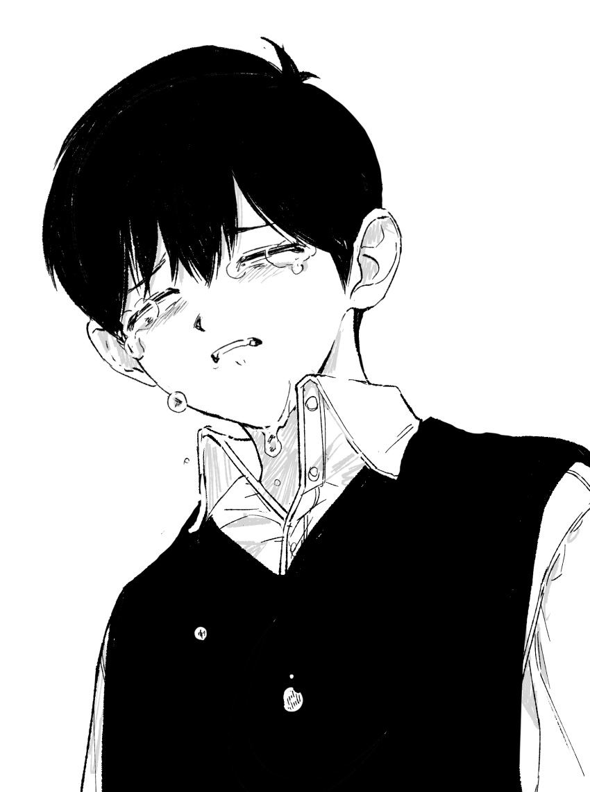 1boy absurdres arms_at_sides bangs clenched_teeth closed_eyes collared_shirt crying dress_shirt facing_viewer greyscale highres monochrome muryo original shirt short_hair simple_background solo tears teeth upper_body vest