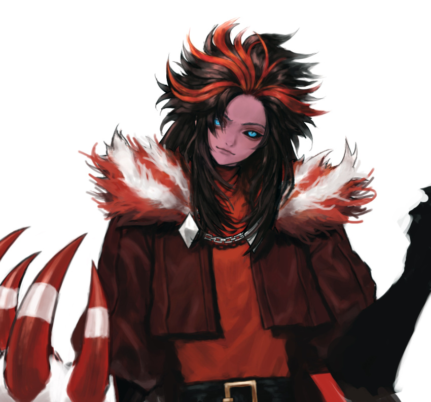 1boy belt black_hair black_sclera blue_eyes chain claws closed_mouth colored_sclera colored_skin copyright_request cropped_jacket fur_trim gab_rill hair_over_one_eye hands_up head_tilt jacket long_hair long_sleeves male_focus multicolored_hair red_jacket red_shirt red_skin redhead shirt simple_background smile solo spiky_hair streaked_hair white_background