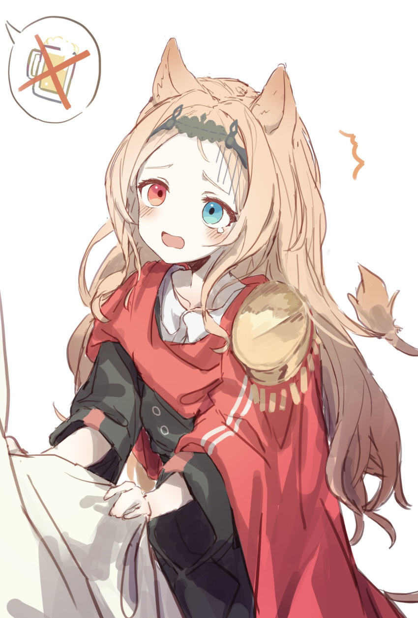 1girl animal_ears archetto_(arknights) arknights blonde_hair blue_eyes cape commentary_request cy_fros epaulettes fur-tipped_tail griffin heterochromia highres lion_ears lion_girl lion_tail long_hair red_cape red_eyes tail tears tiara