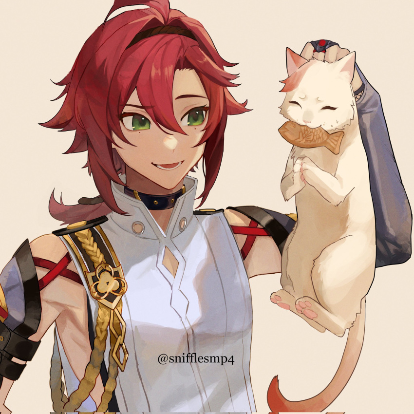 1boy ahoge animal armpit_peek bangs bare_shoulders cat clothing_request collar commentary english_commentary food genshin_impact gold_trim green_eyes grey_background hair_between_eyes hair_flaps hair_intakes hairband highres holding holding_animal holding_cat looking_at_animal male_focus mole mole_under_eye open_mouth parted_bangs redhead shikanoin_heizou short_hair_with_long_locks sidelocks simple_background snifflesmp4 solo sweat taiyaki teeth toned toned_male tongue upper_body wagashi white_cat