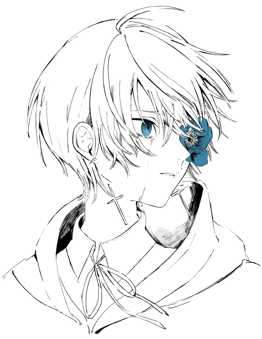 1boy blue_eyes blue_flower cross cross_earrings crying crying_with_eyes_open earrings flower flower_over_eye greyscale hatching_(texture) highres hood hood_down jewelry male_focus monochrome original ozx_x0 parted_lips ribbon simple_background solo tears upper_body white_background