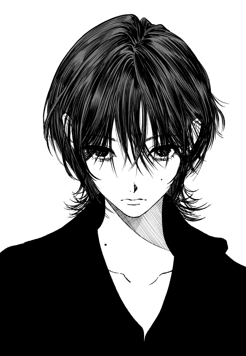 absurdres androgynous bangs closed_mouth collarbone greyscale hair_over_eyes highres looking_at_viewer mole mole_on_cheek mole_on_neck monochrome muryo original portrait short_hair simple_background solo straight-on