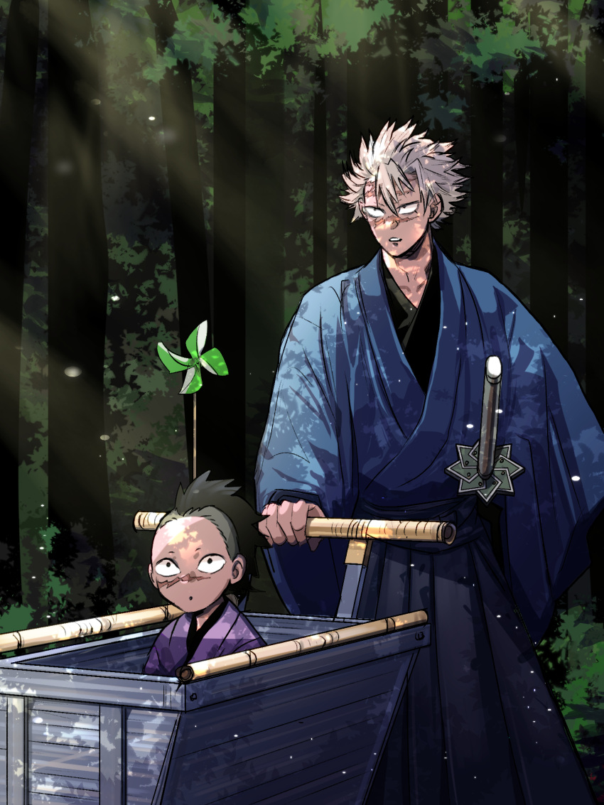 2boys black_hair cart child day forest hakama highres ico_aico japanese_clothes katana kimetsu_no_yaiba kimono light light_rays looking_to_the_side male_focus mohawk multiple_boys nature outdoors scar scar_on_face scar_on_nose shinazugawa_genya shinazugawa_sanemi sitting sparkle spiky_hair sword teeth tree undercut weapon white_hair