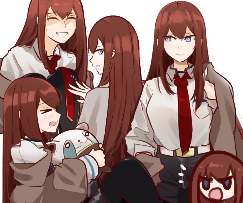 &gt;_&lt; 1girl absurdres black_legwear black_shorts blue_eyes brown_hair closed_eyes closed_mouth commentary dress_shirt english_commentary highres holding holding_clothes holding_jacket holeecrab jacket jacket_removed long_hair makise_kurisu multiple_views necktie open_mouth pantyhose pocket red_necktie shirt shorts smile steins;gate teeth white_shirt