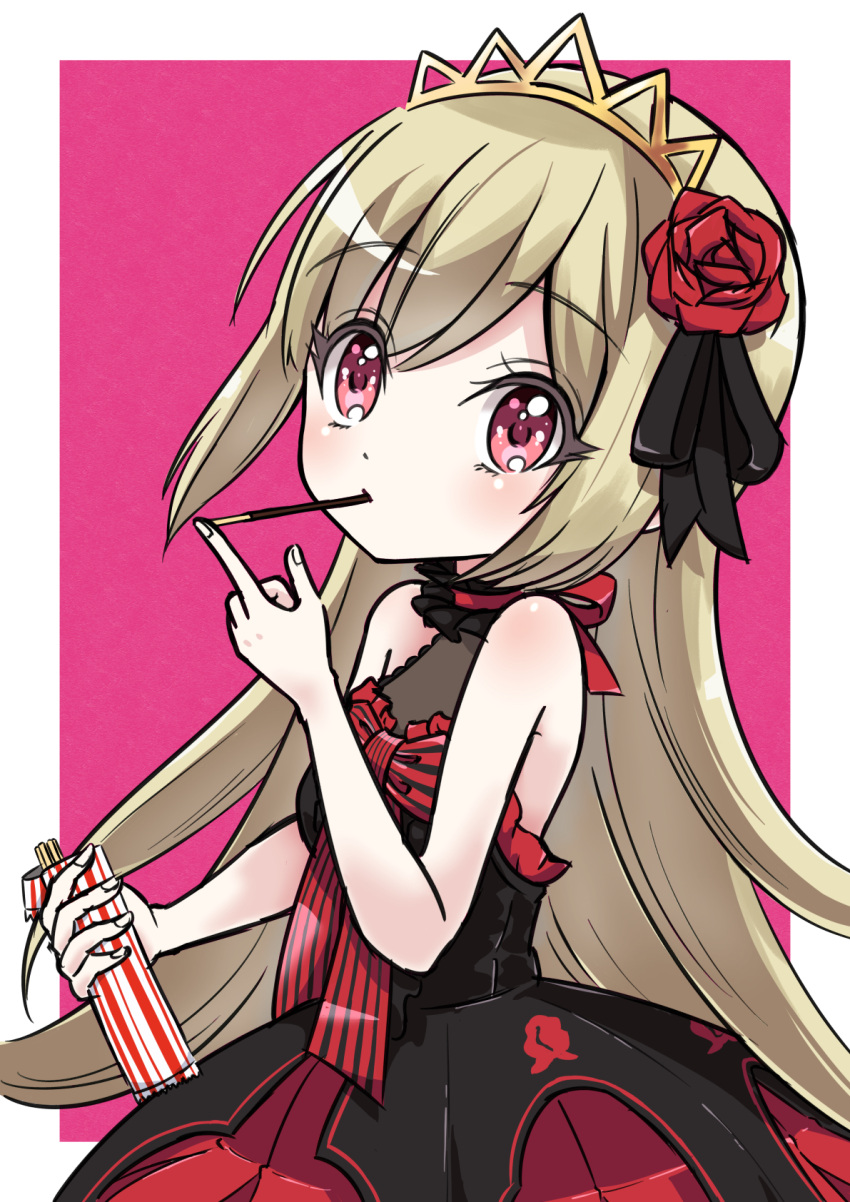 1girl bare_shoulders blonde_hair blush border breasts ecute eyebrows_behind_hair flower food gothic_lolita hair_flower hair_ornament highres hihkunhihkun jashin-chan_dropkick lolita_fashion long_hair looking_at_viewer pink_background pocky red_eyes rose shiny shiny_hair shiny_skin simple_background small_breasts solo upper_body white_border