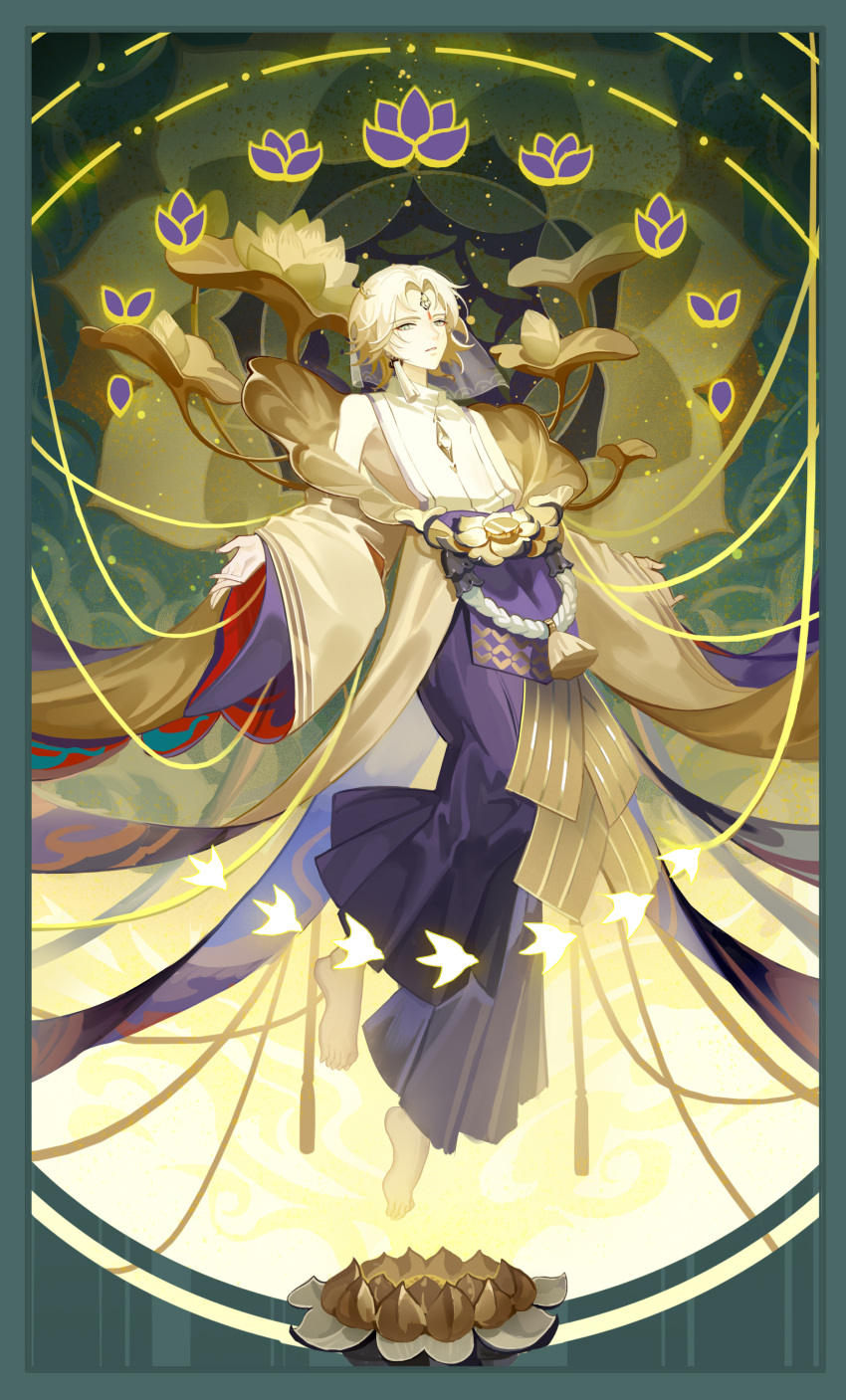 1boy absurdres bare_pectorals bindi bird blonde_hair facial_mark flower forehead_mark full_body green_eyes highres japanese_clothes jewelry jingyimeng long_sleeves lotus male_focus onmyoji pectorals short_hair solo taishakuten_(onmyoji) wide_sleeves