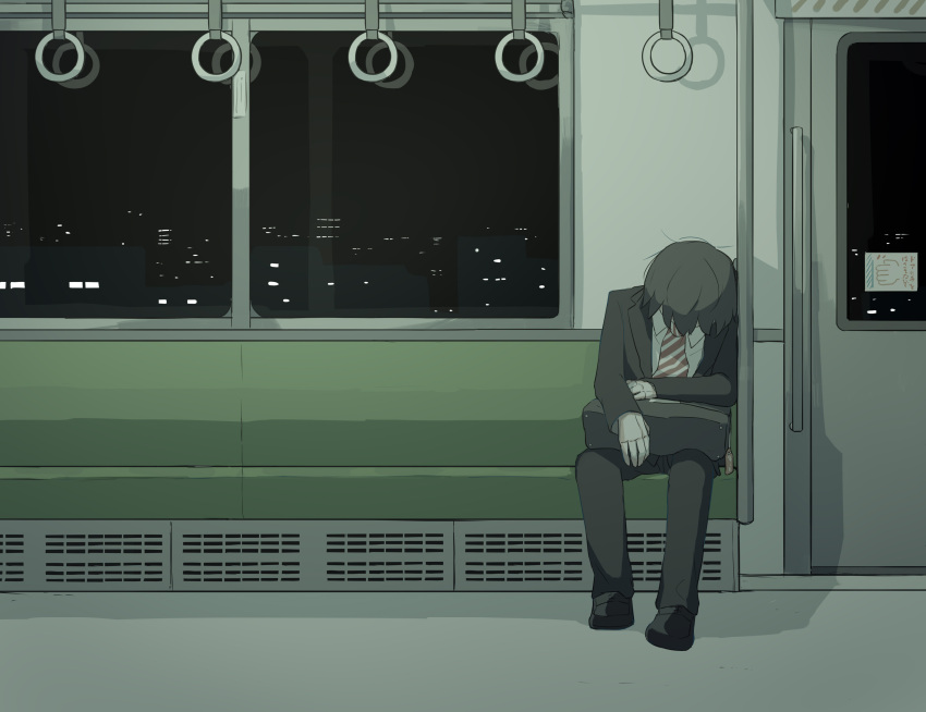 1boy absurdres avogado6 bench city_lights collared_shirt commentary_request facing_down formal hand_grip highres jacket lonely long_sleeves male_focus messy_hair night night_sky original pants shirt shoes short_hair sitting sky sleeping sleeping_upright solo striped suit train_interior window