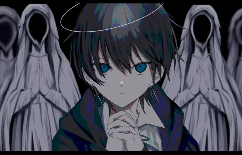 1boy 4girls black_background black_hair blue_eyes blue_ribbon closed_mouth cross cross_earrings earrings faceless faceless_female hair_between_eyes halo highres hood hood_down horror_(theme) jewelry looking_at_viewer melting multiple_girls original own_hands_clasped own_hands_together ozx_x0 praying ribbon