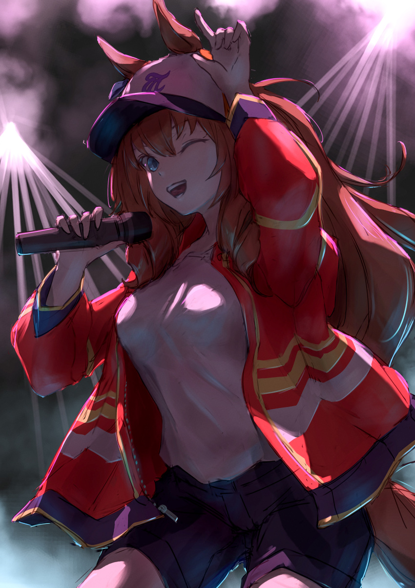 1girl absurdres alternate_costume animal_ears arm_up bangs baseball_cap black_shorts blue_eyes breasts brown_hair cowboy_shot ears_through_headwear hat highres hip_hop holding holding_microphone horse_ears horse_girl horse_tail jacket long_hair long_sleeves looking_at_viewer maruzensky_(umamusume) medium_breasts microphone one_eye_closed open_clothes open_jacket open_mouth red_jacket shirt shorts smile smoke solo stella_(stella) tail umamusume white_shirt